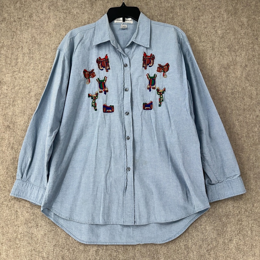 Casey Coleman Women LG Cabincore Button‎ Shirt Embroidered Western Saddles Denim